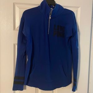 PINK brand 3/4 zip pullover. Dark blue with cheetah print “PINK” down each arm.